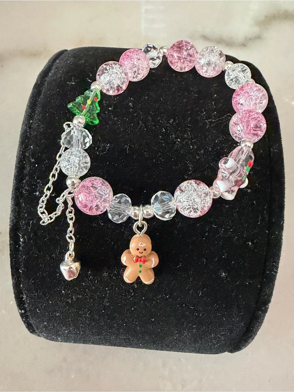 Pink and Clear Holiday Charm Beaded Bracelet with Gingerbread Pendant